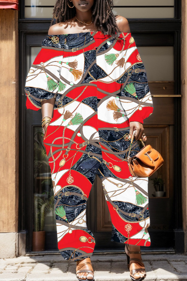 Casual Graphics Print Off Shoulder Long Sleeve Vacation Harem Jumpsuits