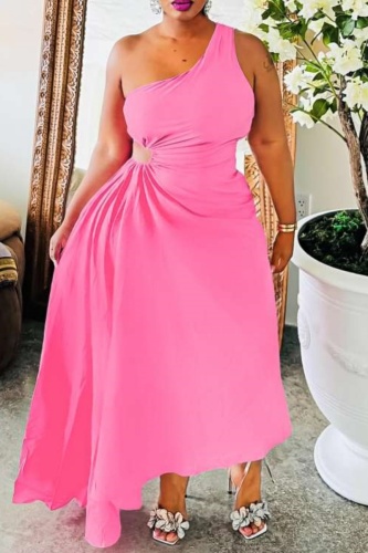 Sleeveless Backless Oblique Collar Hollow Out Irregular Hem Vacation Pleated Maxi Dresses