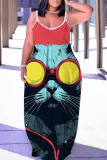 Sexy Graphics Print Backless Sleeveless Spaghetti Strap Floor Length Long Baggy Vacation Maxi Slip Dresses