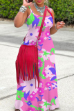 Sexy Floral Print Backless Sleeveless Spaghetti Strap Floor Length Long Baggy Vacation Maxi Slip Dresses