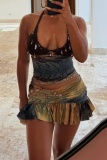 Sexy Hot Drill Graphcis Print Backless Sleeveless Belted Crochet Halter Crop Tops And Ruffle Hem Mini Skirts Vacation Two Pieces Dress Sets