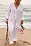 Casual V Neck Long Sleeve Buttons Vacation Beach Cotton Linen Jumpsuits