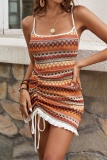 Sexy Wave Print Sleeveless Backless Cross Straps Spaghetti Strap Drawstring Wrapped Skirt Vacation Cami Bodycon Mini Slip Dresses