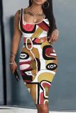 Casual Graphics Print Basic U Neck Sleeveless Vest Bodycon Midi Tank Dresses