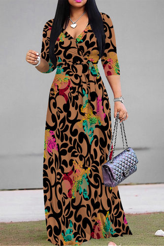 Casual V Neck Three Quarter Lace Up Formal Party Evening Vacation A Line Summer Floral Maxi Dresses