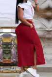 Casual Letters Print O Neck Small Flying Sleeve Crop Tops And Pocket Lace Up Side Slit Maxi Skirt Vacation Two Pieces Long Skirt Set