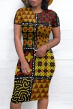 Casual Boho National Totem Print O Neck Short Sleeve Bodycon Midi T-shirt Dress