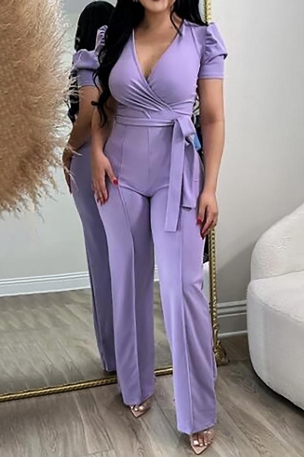 Formal V Neck Hubble-Bubble Sleeve Belted Formal Office Lady Bodycon Straight Leg Jumpsuits
