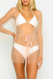 Sexy Beading Decor See-Through Cardigan Cover Up Beach Vacation Swimwears