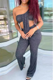 Sexy Backless Sleeveless Hollow Out Pocket Crop Tops And Straight Leg Pants Two Pieces Trouser Sets