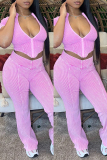 Casual Zipper Collar Short Sleeve Crop Tops And Skinny Pants Two Pieces Trouser Sets