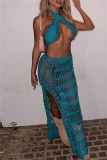 Sexy Backless Sleeveless Hollow Out See-Through Halter Crossover Knitted Crop Tops And Side Slit Maxi Skirt Vacation Beach Two Pieces Swimsuit Set