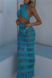 Sexy Backless Sleeveless Hollow Out See-Through Halter Crossover Knitted Crop Tops And Side Slit Maxi Skirt Vacation Beach Two Pieces Swimsuit Set