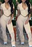 Casual Zipper Collar Short Sleeve Crop Tops And Skinny Pants Two Pieces Trouser Sets
