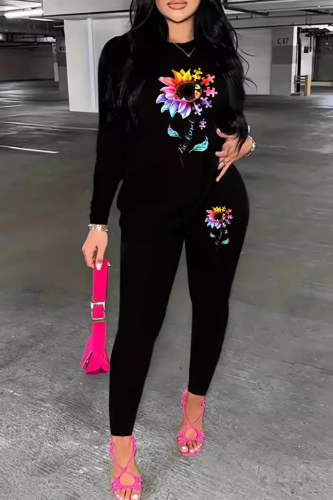 Sportwear Casual Floral Print O Neck Long Sleeve Tops And Skinny Pants Set Two Pieces Tracksuit Set