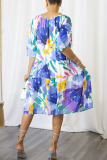 Casual Boat Neck Hubble Bubble Sleeve Vacation Pleated Loose Fitting Summer Floral Midi Dresses