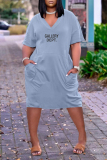 Casual Letter Print V Neck Short Sleeve Pockets Loose T-shirt Midi Dresses