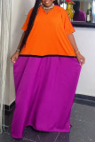 Casual Colorblock Short Sleeve Asymmetrical Collar Floor Length Vacation Loose Maxi Dresses