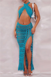 Sexy Backless Sleeveless Hollow Out See-Through Halter Crossover Knitted Crop Tops And Side Slit Maxi Skirt Vacation Beach Two Pieces Swimsuit Set