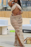 Sexy Backless Sleeveless Hollow Out See-Through Halter Crossover Knitted Crop Tops And Side Slit Maxi Skirt Vacation Beach Two Pieces Swimsuit Set