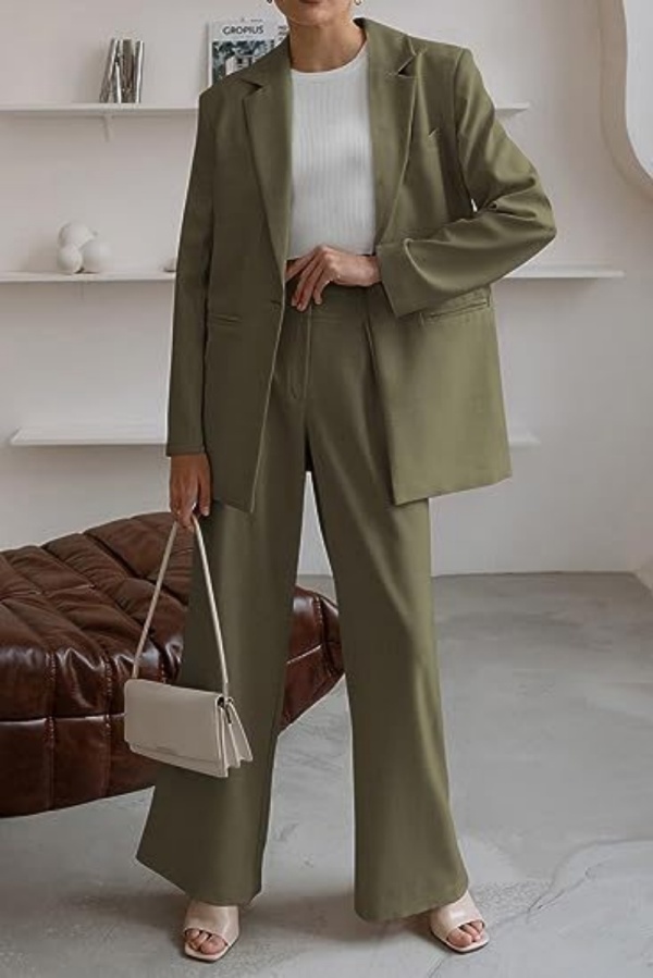 Formal Turn-back Collar Long Sleeve Blazer And Straight Leg Pants Office Lady Two Pieces Suit Set
