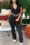 Casual Zipper Collar Short Sleeve Crop Tops And Skinny Pants Two Pieces Trouser Sets