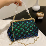 Sequins Elegant Ombre Pu Circular Handbag With Zipper Closure And Hidden Pocket, Long Shoulder Strap Chains Bags