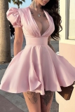 Sexy Deep V Neck Slim Fit Pleated Formal Evening Party Puff Sleeve Mini Dress