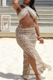 Sexy Backless Sleeveless Hollow Out See-Through Halter Crossover Knitted Crop Tops And Side Slit Maxi Skirt Vacation Beach Two Pieces Swimsuit Set