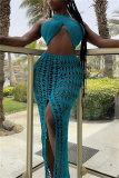 Sexy Backless Sleeveless Hollow Out See-Through Halter Crossover Knitted Crop Tops And Side Slit Maxi Skirt Vacation Beach Two Pieces Swimsuit Set