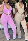 Casual Zipper Collar Short Sleeve Crop Tops And Skinny Pants Two Pieces Trouser Sets