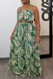 Sexy Floral Print Sleeveless Spaghetti Strap Hollow Out Floor Length Vacation A Line Maxi Slip Sundress