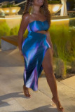 Sexy Ombre Print Slit Strapless Sleeveless Asymmetrical Side Slit Vacation Bodycon Tube Maxi Dresses