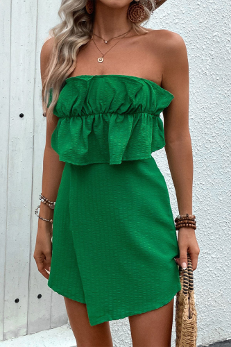 Sexy Sleeveless Strapless Ruffle Trim Zipper Irregular Hem Vacation Tube Rompers