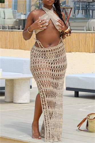 Sexy Backless Sleeveless Hollow Out See-Through Halter Crossover Knitted Crop Tops And Side Slit Maxi Skirt Vacation Beach Two Pieces Swimsuit Set