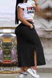 Sportwear Casual Letters Print O Neck Crop Tops And Pocket Lace Up Slit Maxi Skirt Two Pieces Skirt Sets