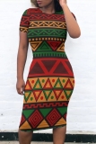 Casual Boho National Totem Print O Neck Short Sleeve Bodycon Midi T-shirt Dress