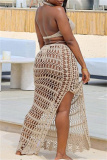 Sexy Backless Sleeveless Hollow Out See-Through Halter Crossover Knitted Crop Tops And Side Slit Maxi Skirt Vacation Beach Two Pieces Swimsuit Set