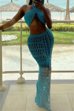 Sexy Backless Sleeveless Hollow Out See-Through Halter Crossover Knitted Crop Tops And Side Slit Maxi Skirt Vacation Beach Two Pieces Swimsuit Set