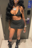 Sexy Sleeveless Backless Halter Crop Tops And Ruched Mini Skirt Two Pieces Dress Sets