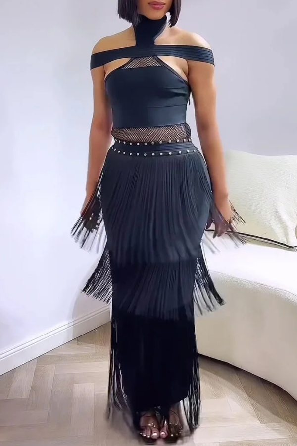 Sexy Diamond Decor Sleeveless Backless Fringed Tiered Hem Formal Party Evening Long Halter Maxi Dresses