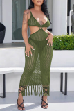 Sexy Spaghetti Strap Sleeveless Fringed Trim Hollow Out See-Through Tassel Hem Beach Vacation Cami Crochet Maxi Dresses