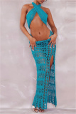 Sexy Backless Sleeveless Hollow Out See-Through Halter Crossover Knitted Crop Tops And Side Slit Maxi Skirt Vacation Beach Two Pieces Swimsuit Set