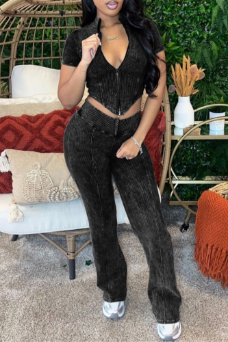 Casual Zipper Collar Short Sleeve Crop Tops And Skinny Pants Two Pieces Trouser Sets