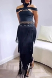 Sexy Diamond Decor Sleeveless Backless Fringed Tiered Hem Formal Party Evening Long Halter Maxi Dresses