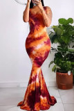 Sexy Ombre Print U Neck Sleeveless Fishtail Mermaid Hem Formal Party Evening Vacation Bodycon Maxi Tank Dresses