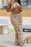 Sexy Backless Sleeveless Hollow Out See-Through Halter Crossover Knitted Crop Tops And Side Slit Maxi Skirt Vacation Beach Two Pieces Swimsuit Set