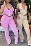 Casual Zipper Collar Short Sleeve Crop Tops And Skinny Pants Two Pieces Trouser Sets