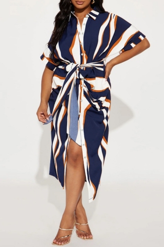 Casual Graphics Print Turndown Collar Buttons Belted Vacation Plus Size Maxi Shirt Dresses