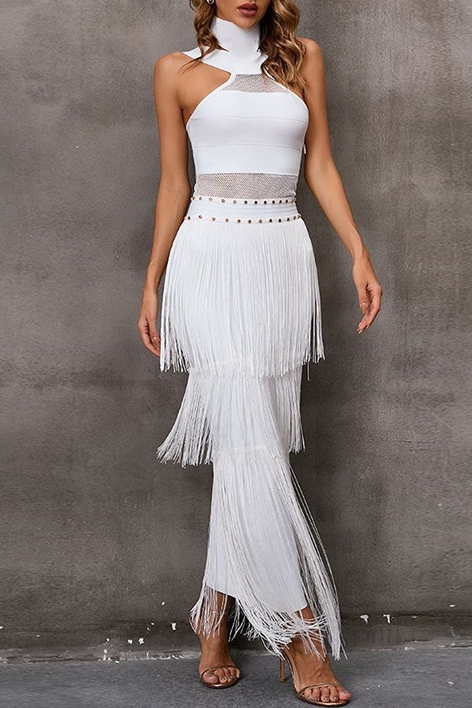 Sexy Fringed Trim Backless Halter Sleeveless Dresses(4 Colors)